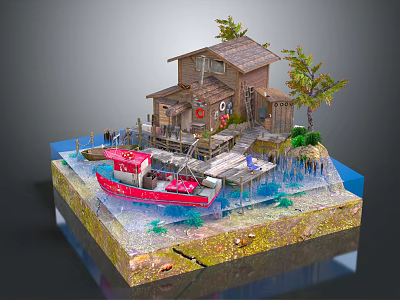 Cartoon Scenic Miniature Featuring Small Wooden House Red Boat Dock and Trees 3d model