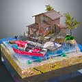 Cartoon Scenic Miniature Featuring Small Wooden House Red Boat Dock and Trees