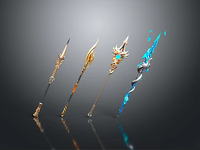 Various Ornate Mythical Weapons With Golden Elements Gemstones And Blue Glow 3d model
