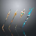Various Ornate Mythical Weapons With Golden Elements Gemstones And Blue Glow