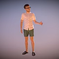 Man Wearing Glasses Light Colored Shirt Green Shorts Black Sandals Extending Hand On Gradient Background 3d model