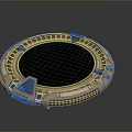 Futuristic Circular Tech Device With Blue Glowing Screen And Metallic Gold Silver Frames 3d model