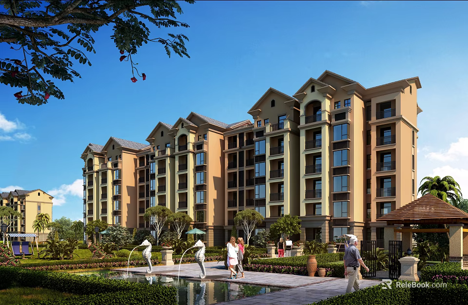 Elegant Multi story Residential Building With Landscaped Gardens Walking Paths And Pond 3d model 