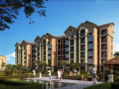 Elegant Multi story Residential Building With Landscaped Gardens Walking Paths And Pond 3d model