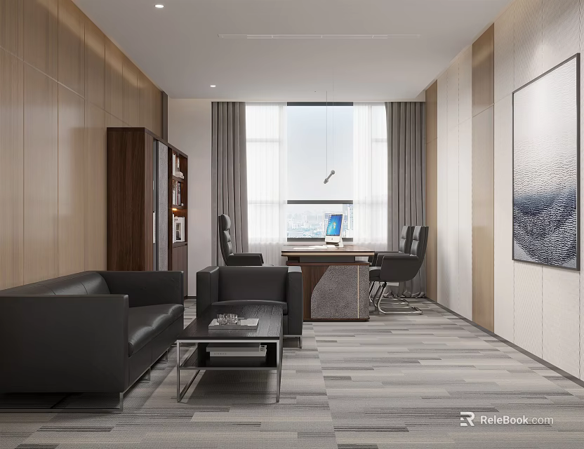 Modern Office Interior Design With Leather Sofa Desk Computer And Large Window Artwork 3d model 