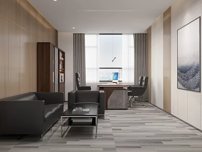 Modern Office Interior Design With Leather Sofa Desk Computer And Large Window Artwork 3d model