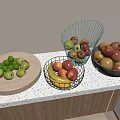 Green Apples Bananas Peaches in Wire Baskets Wooden Tray and Grey Bowl on Kitchen Countertop