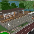 Scenic Wooden Pavilion Rest Stop With River Trees Bicycle Lane And Outdoor Seating