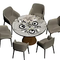 Elegant Modern Round Dining Table With Marble Top And Six Light Gray Chairs 3d model