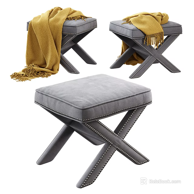 Gray Upholstered Sofa Stools With Riveted Cross Legs And Yellow Blanket 3d model