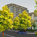 Modern Residential Building Exterior With Greenery Trees And Parked Cars