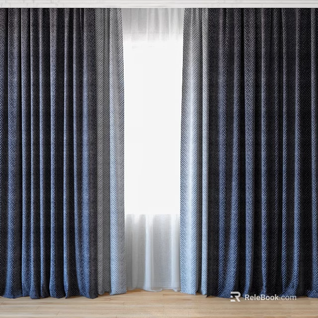 Dark Blue Velvet Curtains Partially Open Revealing Bright Window With Soft Drapery 3d model 