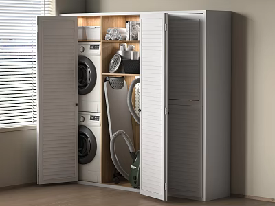 Open Gray Storage Cabinet With Washing Machine Dryer Vacuum And Louvered Doors 3d model