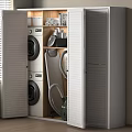 Open Gray Storage Cabinet With Washing Machine Dryer Vacuum And Louvered Doors