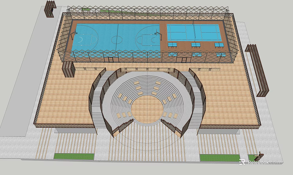 Modern Sports Facility Design With Basketball Court Circular Bleachers And Wooden Flooring 3d model 