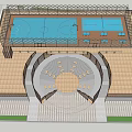 Modern Sports Facility Design With Basketball Court Circular Bleachers And Wooden Flooring