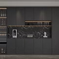 Modern Wine Cabinet Interior With Black Cabinetry Marble Countertop Wine Bottles And Glasses