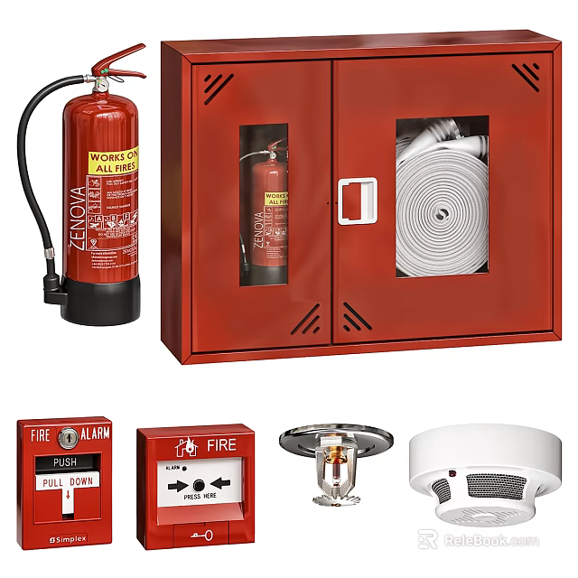 Essential Emergency Fire Equipment With Extinguisher Cabinet Hose Alarm And Sprinkler 3d model 