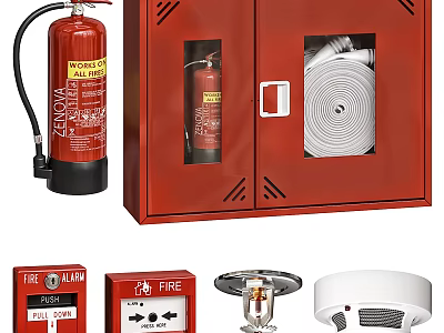 Essential Emergency Fire Equipment With Extinguisher Cabinet Hose Alarm And Sprinkler 3d model