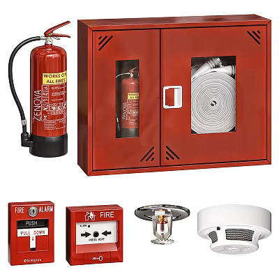 Essential Emergency Fire Equipment With Extinguisher Cabinet Hose Alarm And Sprinkler 3d model