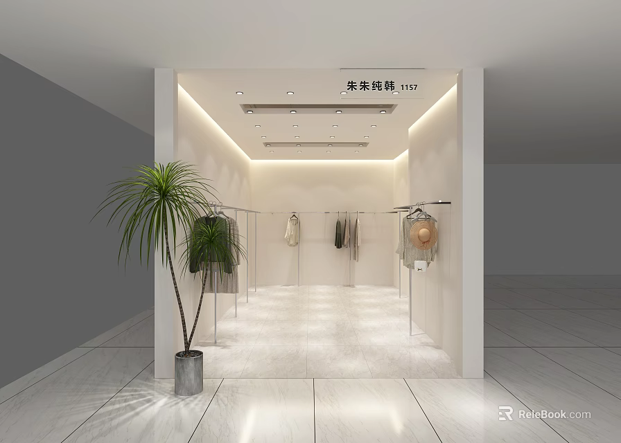 Modern Clothing Store Interior With Bright Lighting Hanging Clothes Hats And Green Plants 3d model 