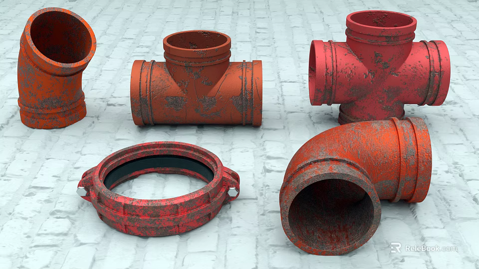Red Rusty Pipe Fittings Including Tee Elbow And Coupling On White Brick Floor 3d model