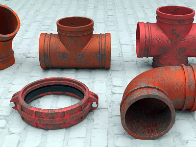 Red Rusty Pipe Fittings Including Tee Elbow And Coupling On White Brick Floor 3d model