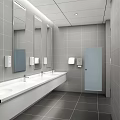 Modern Public Restroom Interior Design With White Toilets Tiled Walls And Bright Lighting
