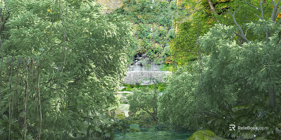 Serene Garden Landscape With Lush Trees Flowing Stream And Natural Stone Features 3d model 
