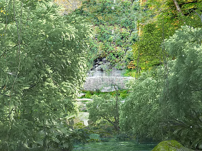 Serene Garden Landscape With Lush Trees Flowing Stream And Natural Stone Features 3d model