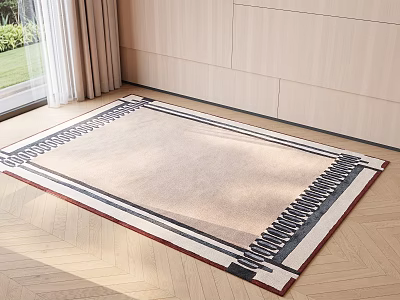 Square Rug With Beige Background And Geometric Stripe Borders On Herringbone Wooden Floor 3d model