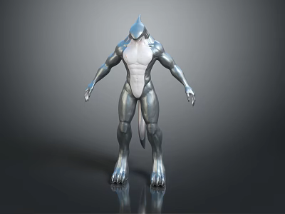 Shark Themed Game Movie Character Muscular Humanoid With Silver Skin White Torso And Clawed Feet 3d model