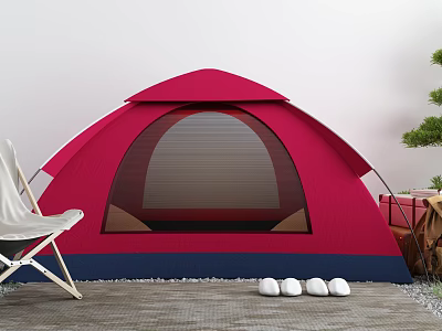 Red Camping Tent with Blue Base and Mesh Window Near White Chair and Slippers 3d model