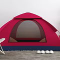 Red Camping Tent with Blue Base and Mesh Window Near White Chair and Slippers