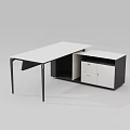 Sleek Modern Office Desk Featuring White Tabletop Black Metal Legs And Drawer Cabinet