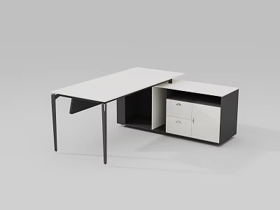 Sleek Modern Office Desk Featuring White Tabletop Black Metal Legs And Drawer Cabinet 3d model