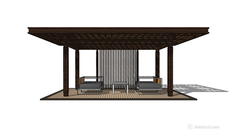 Wooden Landscape Pavilion With Lattice Roof And Seating Area With Sofas Coffee Table 3d model 