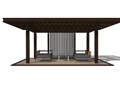 Wooden Landscape Pavilion With Lattice Roof And Seating Area With Sofas Coffee Table 3d model