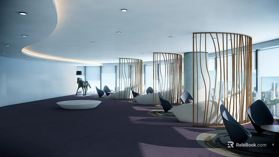 Modern Public Office Space With Purple Carpet Curved White Sofas Metal Dividers And Large Windows 3d model 