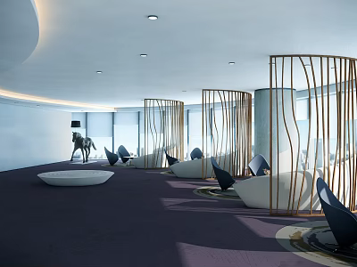 Modern Public Office Space With Purple Carpet Curved White Sofas Metal Dividers And Large Windows 3d model