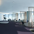 Modern Public Office Space With Purple Carpet Curved White Sofas Metal Dividers And Large Windows