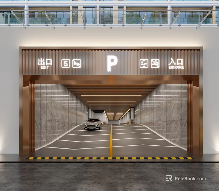 Modern Parking Garage With Entrance Signs Car Marble Walls And Overhead Lighting 3d model 