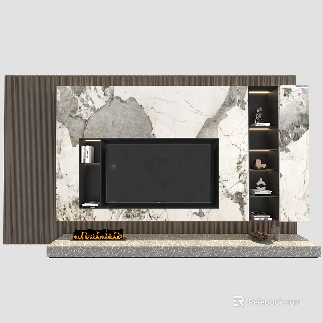Modern TV Background Wall With Marble Texture Black Shelves And Decorative Items 3d model