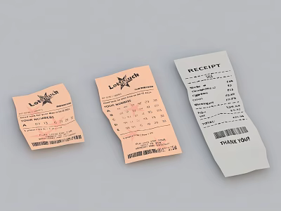 Three Orange And White Lottery Tickets And Receipt With Text And Barcodes 3d model