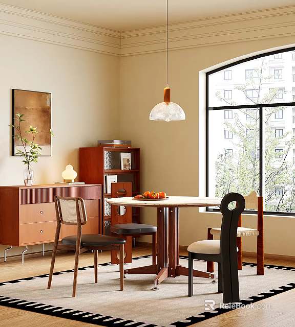 Elegant Restaurant Interior With Round Dining Table Chairs Pendant Light Large Window And Cabinet 3d model