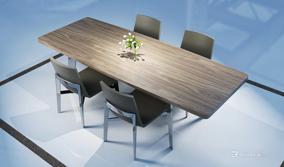 Modern Wooden Dining Table And Gray Chairs Set With White Flower Vase 3d model 
