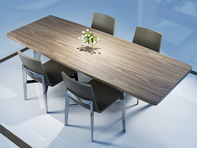 Modern Wooden Dining Table And Gray Chairs Set With White Flower Vase 3d model