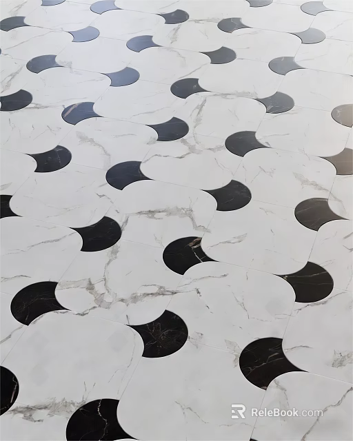 White Marble Floor Tiles With Black Crescent Patterns And Geometric Design 3d model 