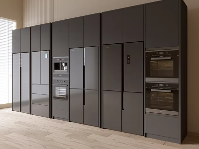 Modern Kitchen Interior Featuring Black Integrated Cabinets With Refrigerators Freezers And Ovens 3d model