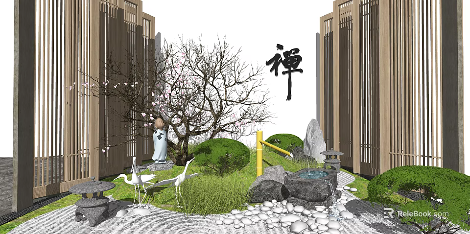 Zen Themed Garden Ornaments Featuring Karesansui Pebbles Green Grass Crane Statues Trees And Stone Fountain 3d model 